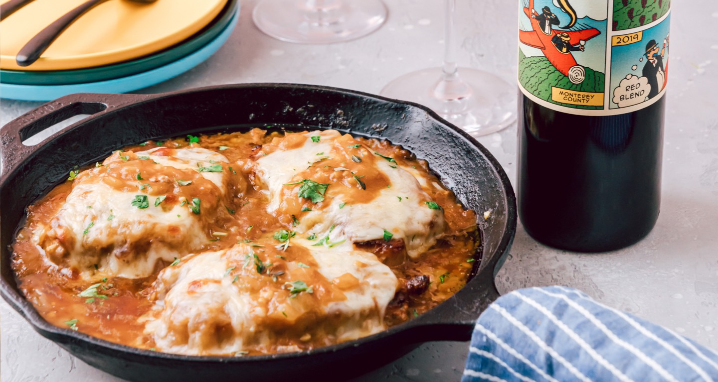 Plate of pork chops with wine